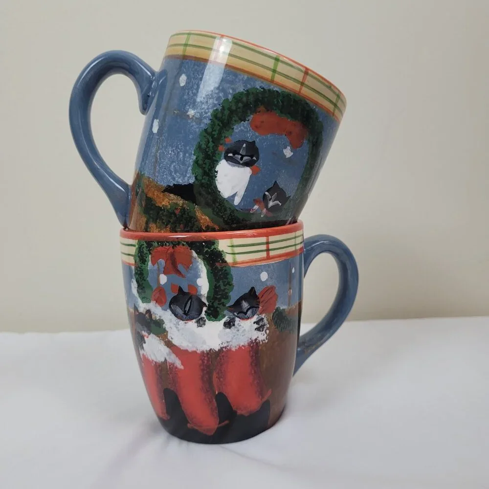 Two Oneida Cat Friends Mugs 20oz, Earthenware Christmas kitten cups Hand Painted